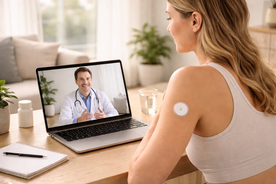 Woman on telehealth video call with CGM sensor visible on arm
