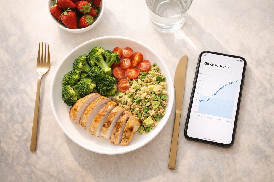 Overhead shot of balanced meal with smartphone showing glucose trend