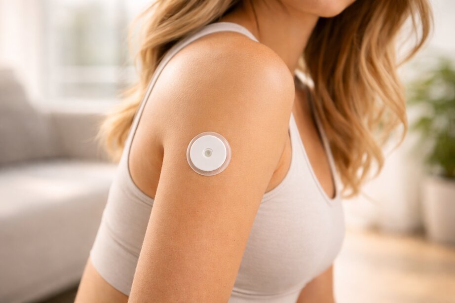 Woman's upper arm with a small discreet CGM sensor attached