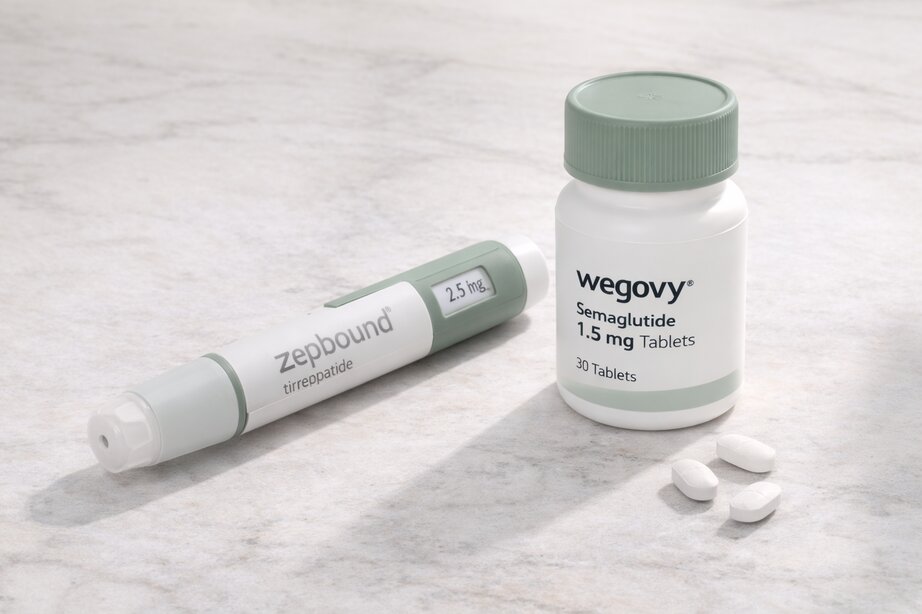 GLP-1 auto-injector pen on marble surface