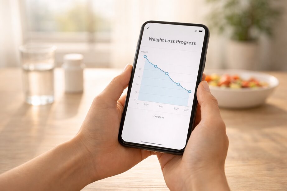 Person holding smartphone showing weight loss progress graph